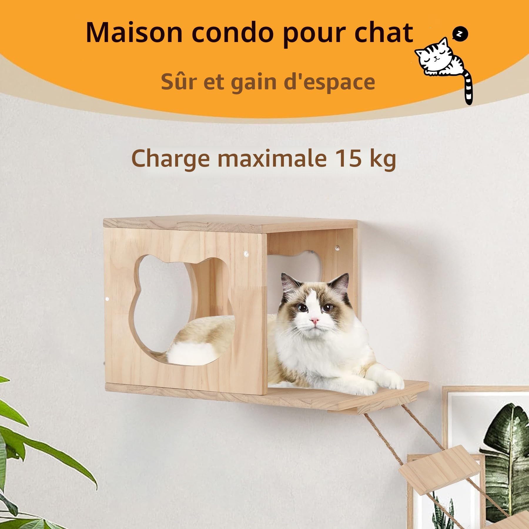 Mur d'escalade pour chat XXL - Parc mural en bois 4 pièces avec grotte pour chat, pont suspendu, escalier et colonne en sisal - Meubles muraux pour chats domestiques