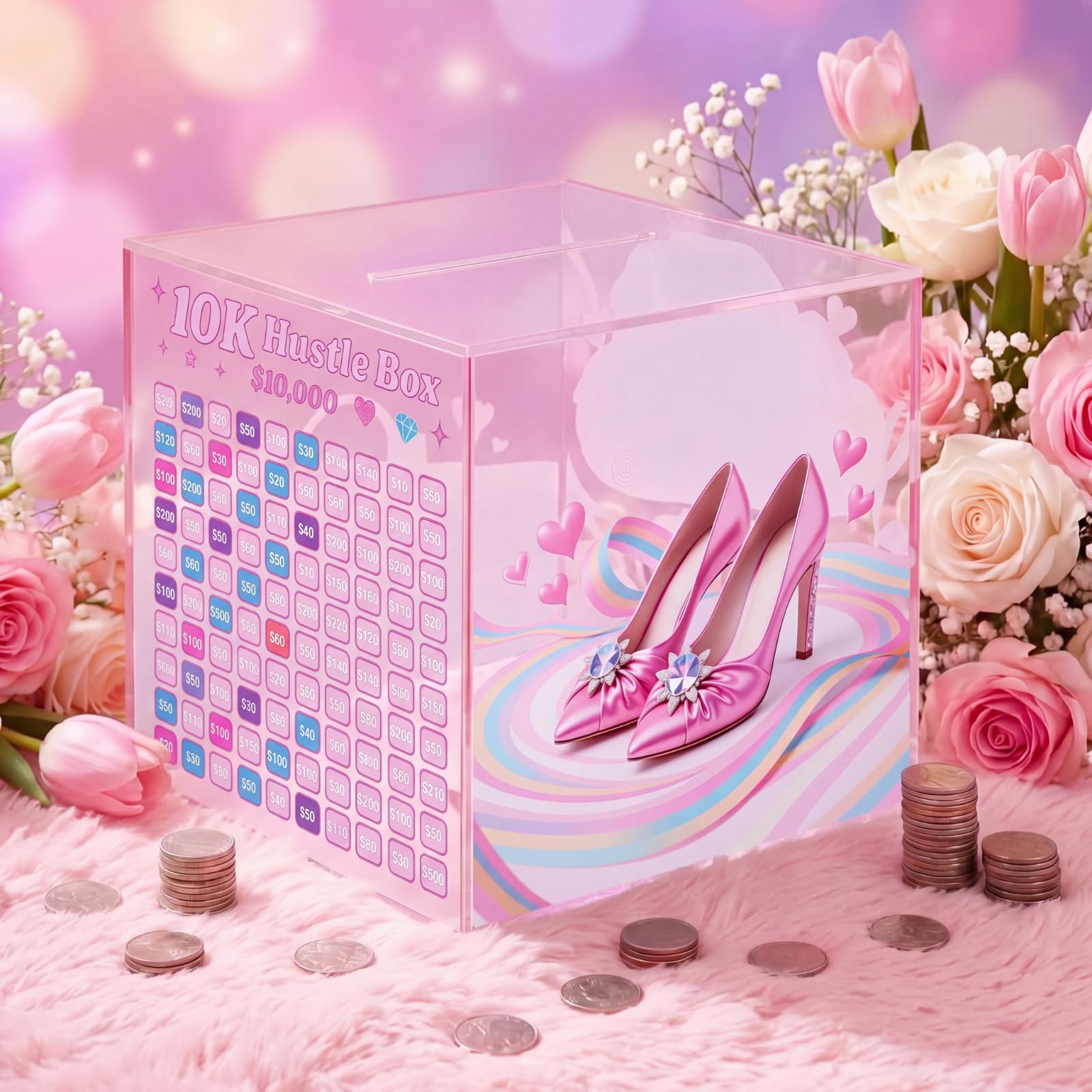 Tirelire acrylique transparent Hiboom bloquée pour économiser sans craquer 10 K Rose