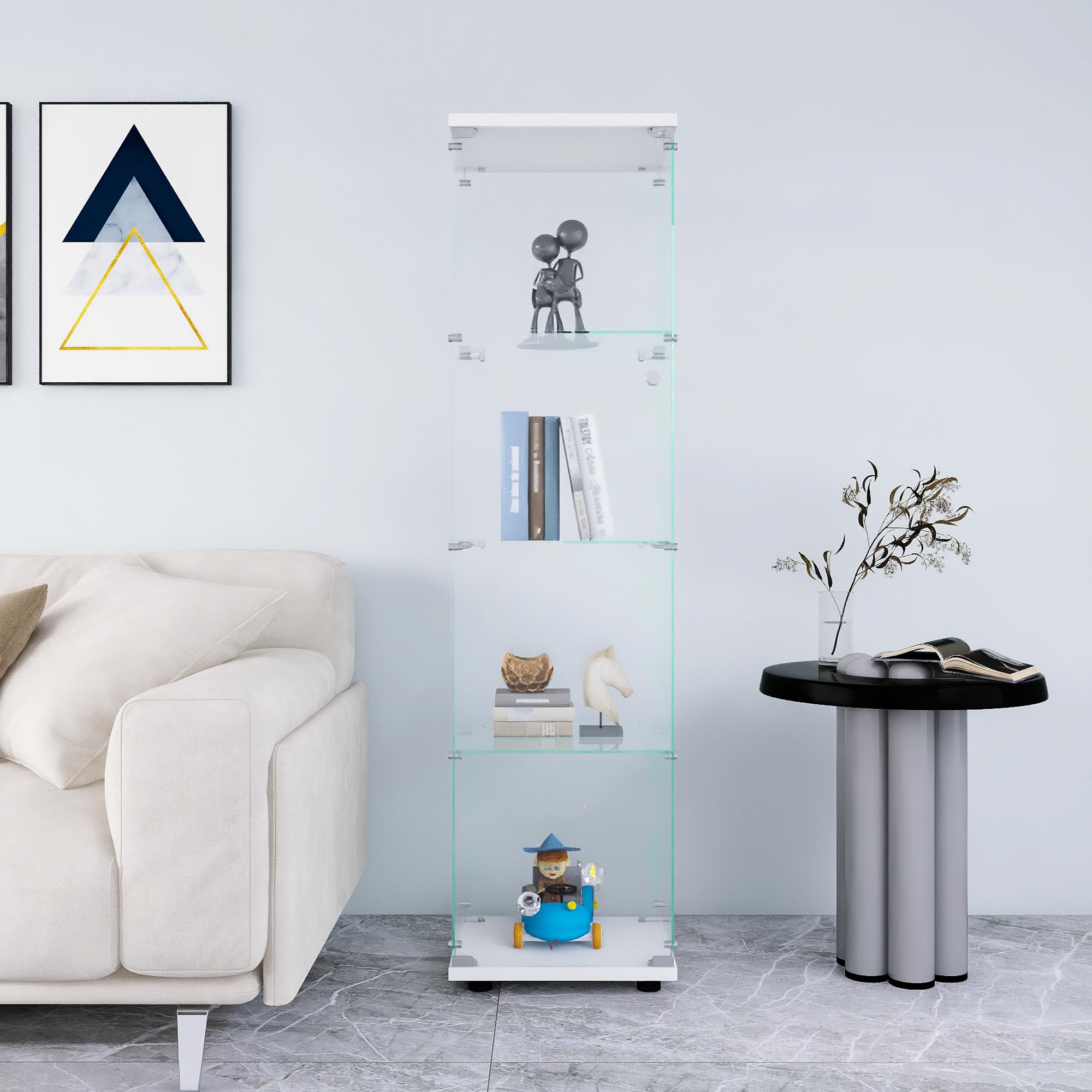 Frameless Glass Display Cabinet, Curio Cabinet Display Case with Lock and Glass Door, Quick-Install Floor Standing Showcase Display Shelf for Collectibles, Legos, Figures, Plants