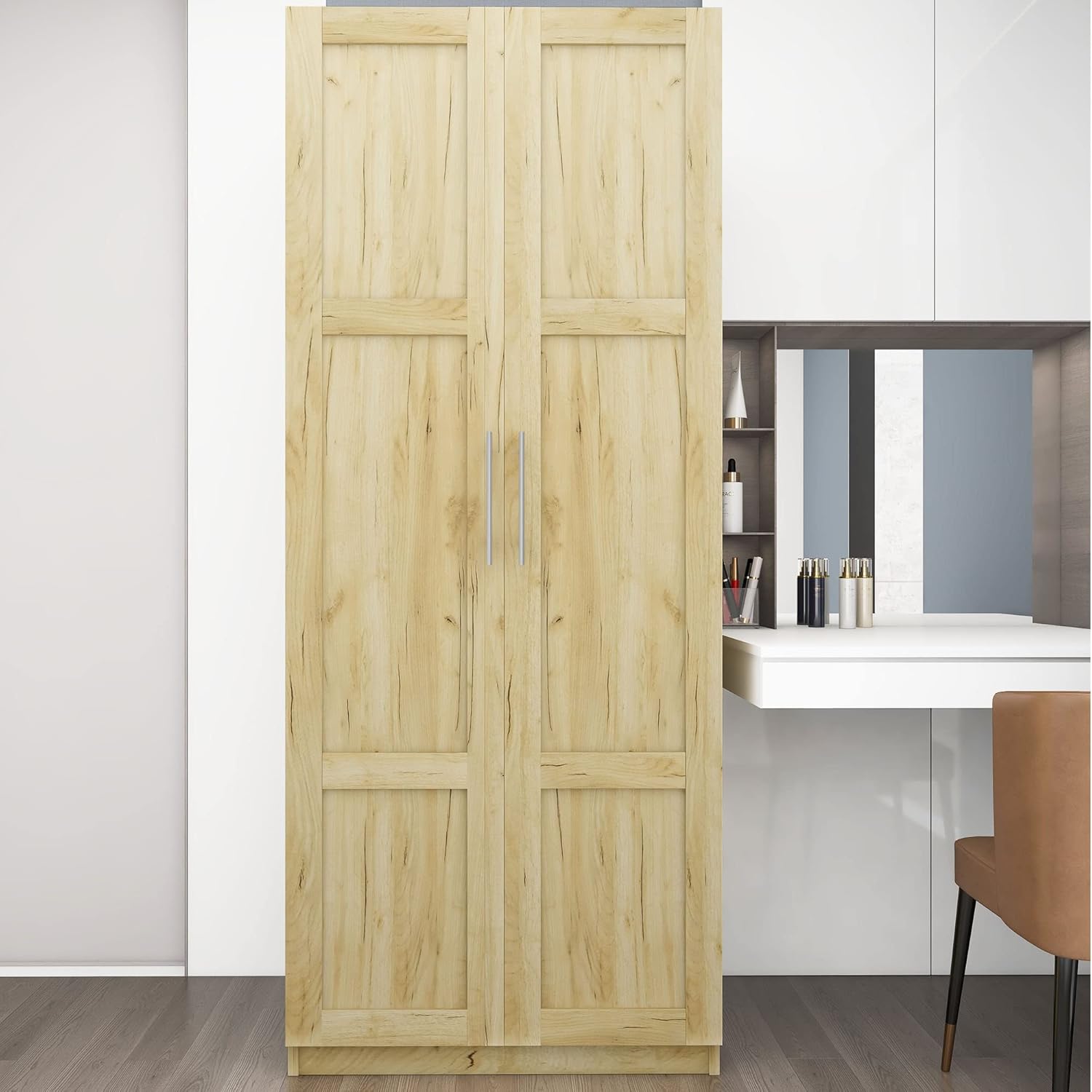 HIUU Natural Wood Storage with 2 Doors,Modern Wardrobe for Living