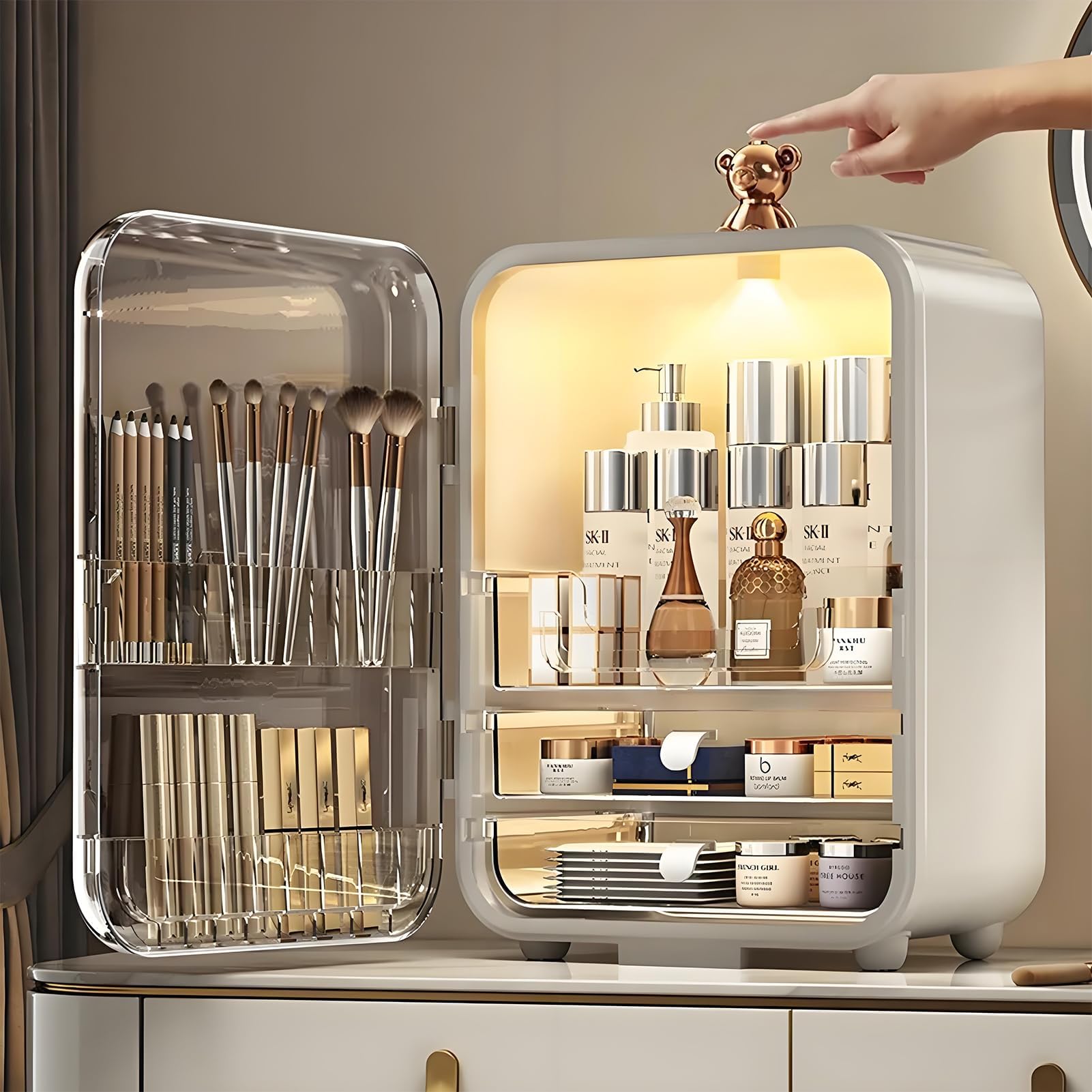 Cosmetics Storage Box with LED Light and Mirror,Makeup Display Case with Two Drawer Storage Box and Brush Storage, Large Capacity SkinCare Organizers for Bathroom Countertop,Bedroom Vanity Desk