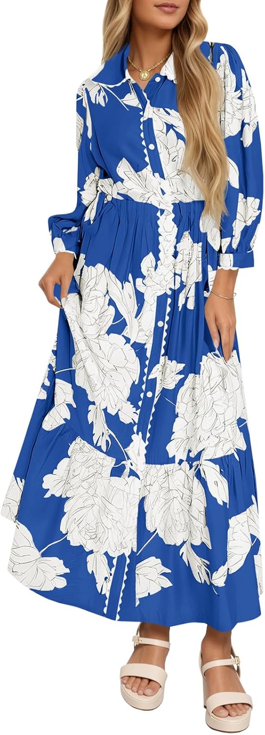 Wenrine Womens Maxi Shirt Dress Casual Floral Collared 3/4 Long Sleeve Drawstring Waist Fall Button Down Dresses