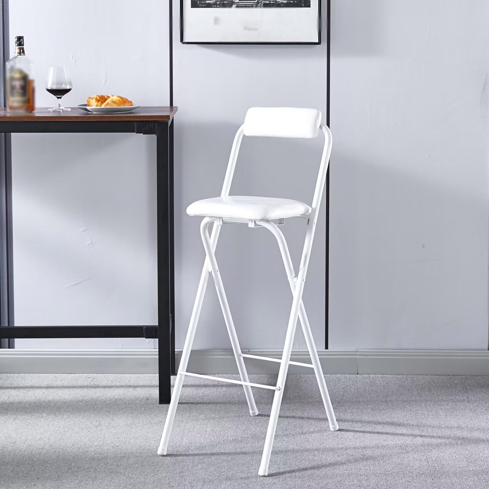 Folding Bar Stool Chair, 65cm/70cm/75cm Portable Folding Breakfast High Chairs with Backrest and Footrest, Counter Height Padded Stools for Adults Kitchen (Color : White,
