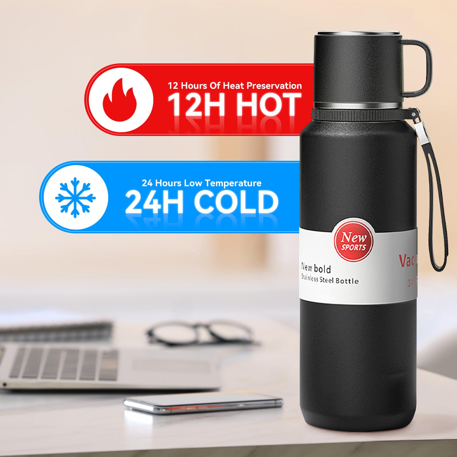 Isolierte Tee-Ei aus Edelstahl, vakuumisolierte Wasserflasche, Teebecher mit separatem Teefach, 24 Stunden Isolierung, Pendeln, Reisen (Schwarz, 1000 ml)