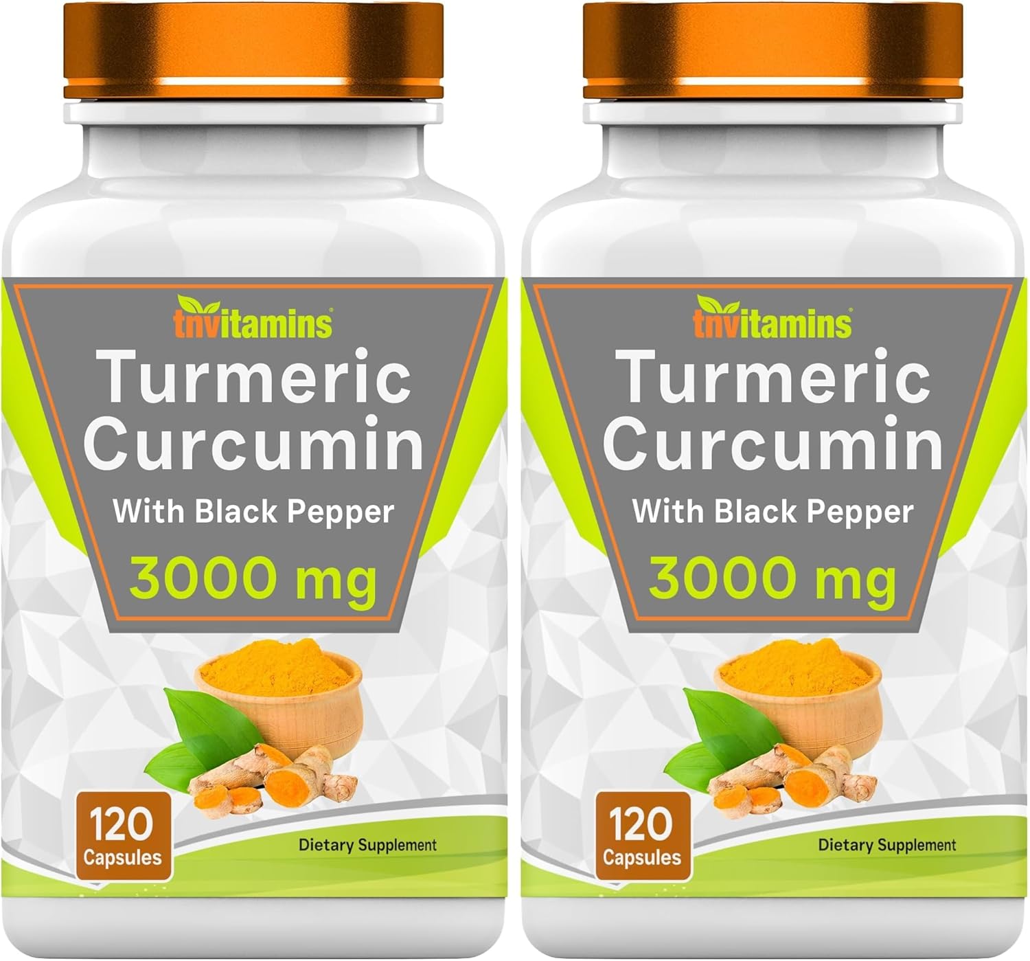 tnvitamins Turmeric Curcumin Capsules with Black Pepper | 3000 MG - 120 Capsules | Extra Strength Golden Turmeric Curcumin Supplement | Non-GMO | Produced in The USA (Pack of 2)