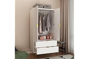 71" White Wardrobe Closet, Large Storage Cabinet with 2 Drawers