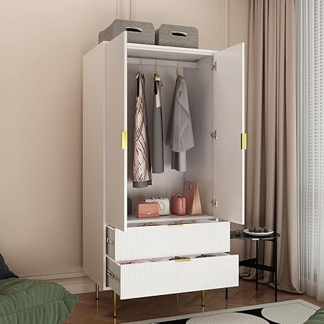 71" White Wardrobe Closet, Large Storage Cabinet with 2 Drawers