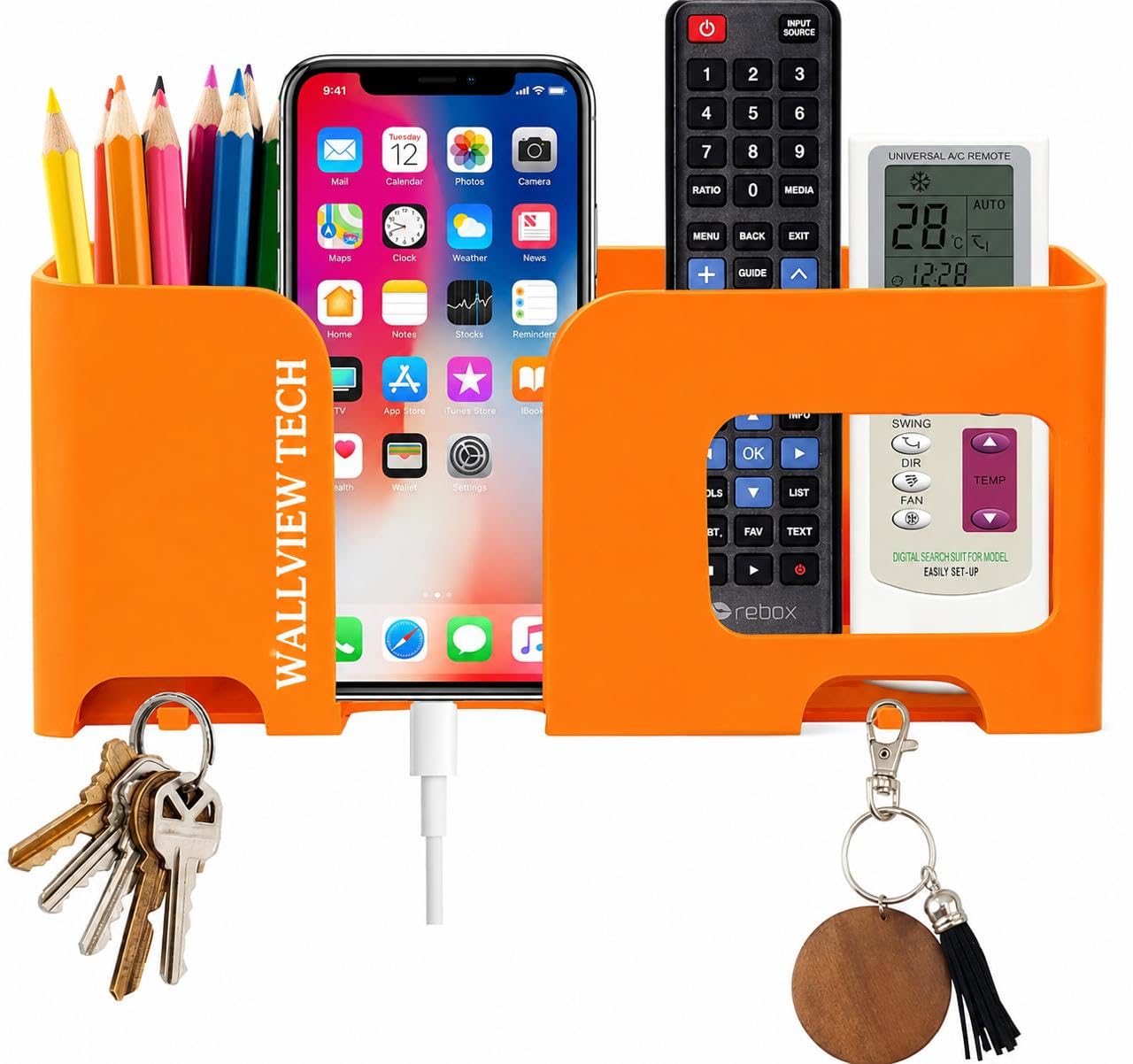 WALLVIEW TECH Wall Mount Mobile Holder | Plastic Storage Case for Ac/Tv Remotes | Multi-Purpose Wall Phone Stand for Charging | Remote Wall Organiser | Smart Stand Wall Gadget (Orange)