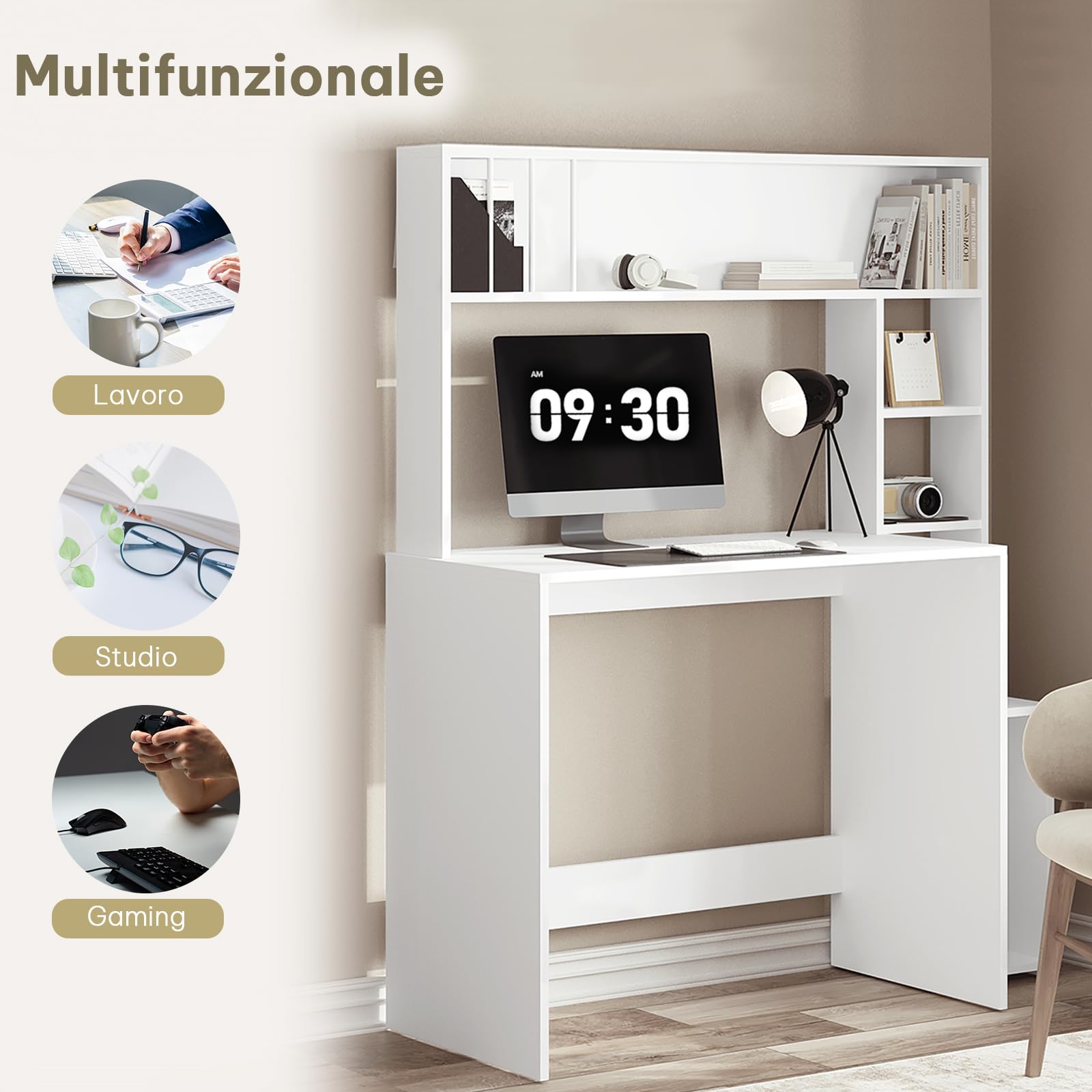 eSituro Tavolo per Computer con Libreria, Scrivania con 5 Ripiani, Scrivania per Bambini, Camera da Letto, Ufficio, Bianco, 113,5x45x139 cm