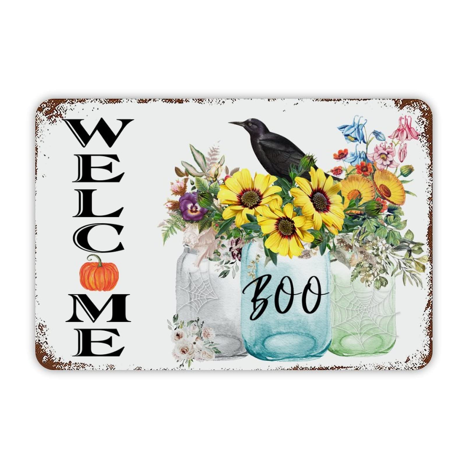 ENEDNATE Farmhouse Rustic Aluminum Sign Welcome Halloween Floral Vase Crow Metal Sign Retro Aluminum Tin Sign for Kitchen Bedroom Living Room Wall Art Door Hanger Home Decor Sign 8x12 Inch