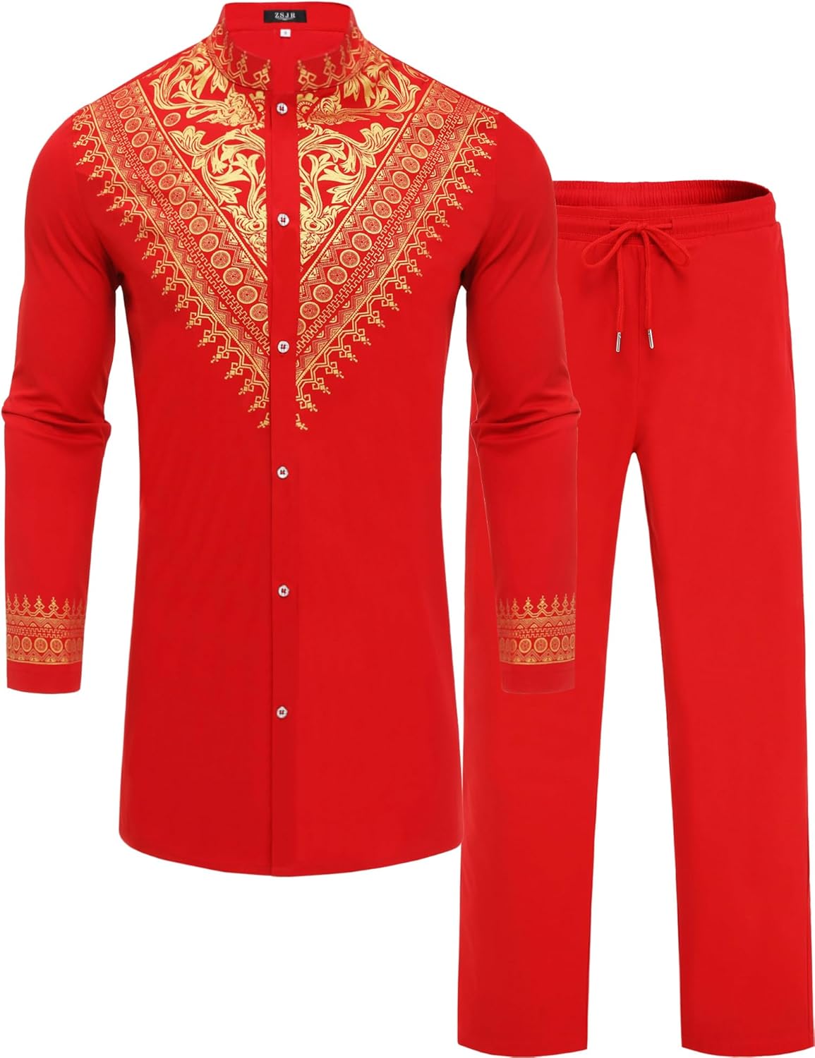 Mens African 2 Piece Set Metallic Traditional Suit Gold Stamp Printed African Dashiki Shirt and Pants Outfit