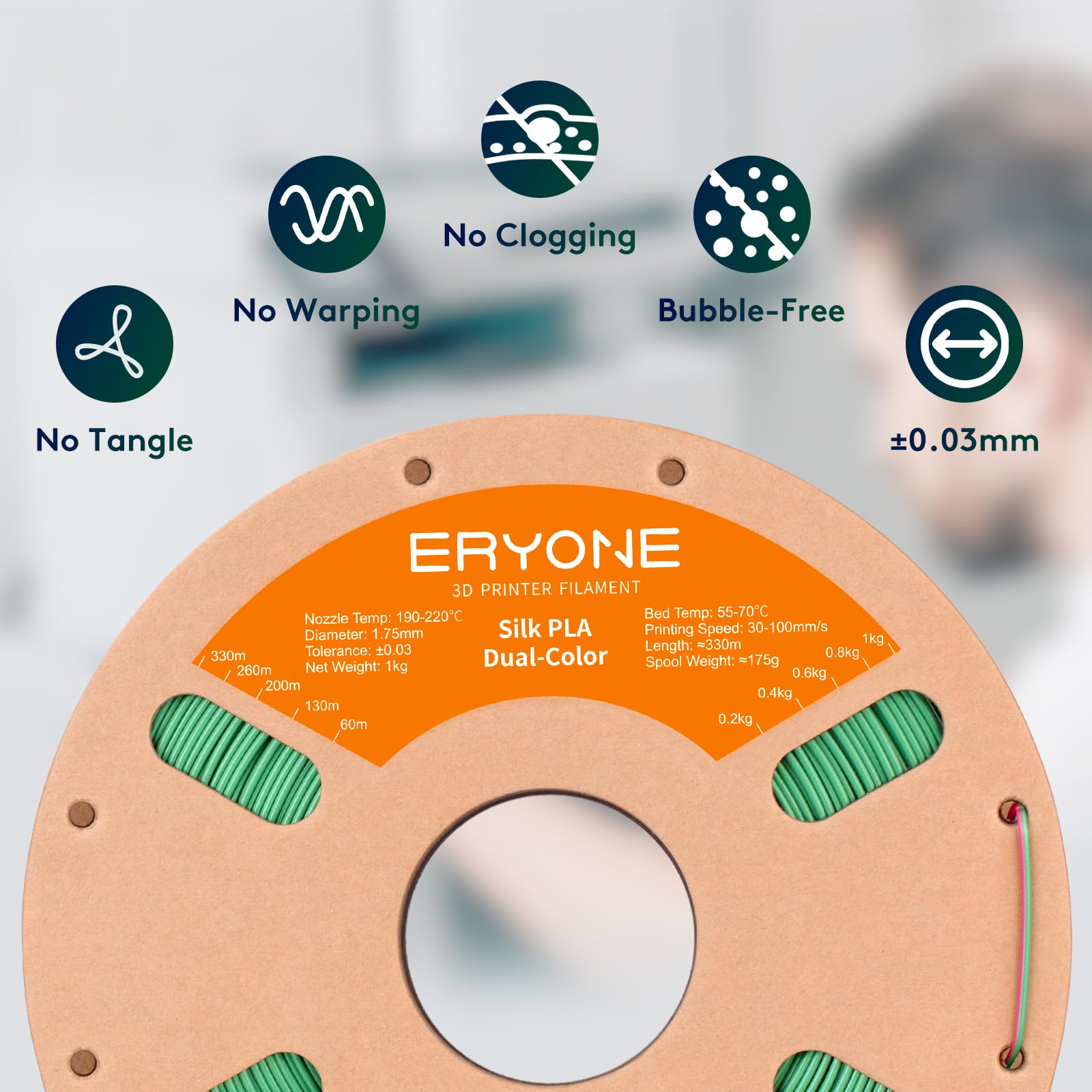 ERYONE Filamento PLA bicolore doppio 1,75 mm, filamento stampante 3D bobina da 1 kg +/- 0,02 mm, seta rossa e verde