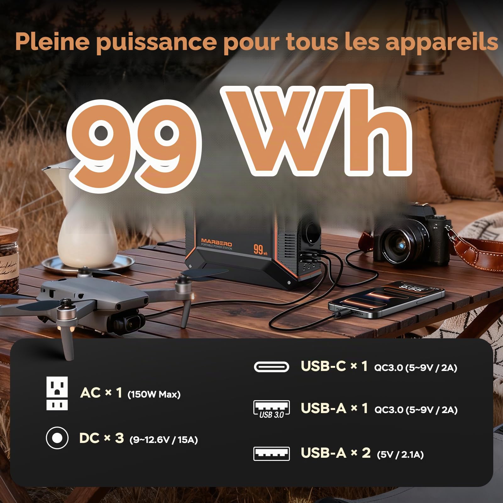 MARBERO Générateur de Courant Portable 27.000mAh avec Panneau Solaire 30W, Power Bank 99Wh avec Prise AC 150W Max et Lampe LED SOS, pour Camping Urgence Maison Voyages et Travail