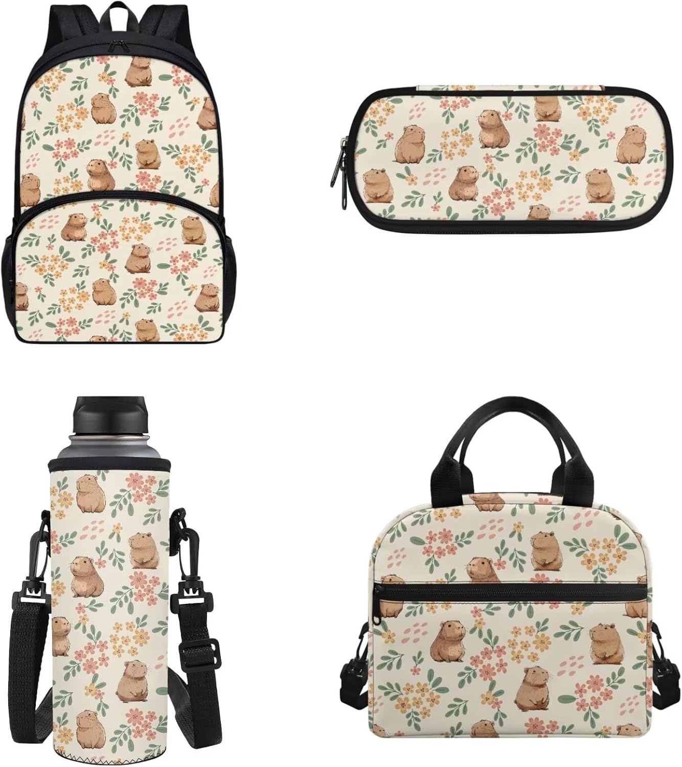 4 Pack Cute Capybara Flower Schoolbag Set with Insulated Lunch Box Pencil Case Water Bottle Holder Bag for Preschool,Elementary,Middle School Girls Schoolbag Capybara Lover Daypack