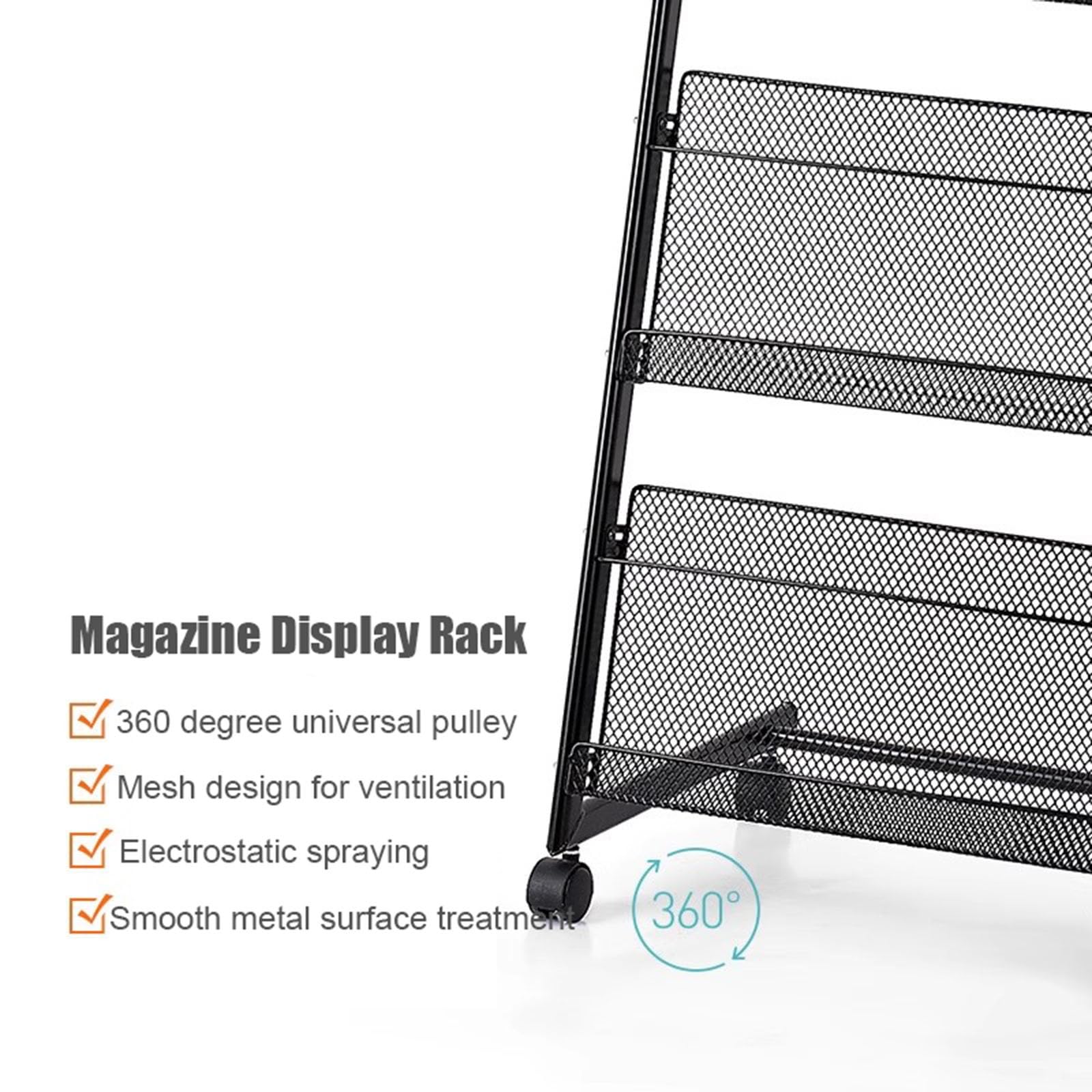 Portariviste da Pavimento per giornali, Portadocumenti in Ferro Nero a 4 Strati, espositore per Libri con 4 Ruote universali,70x146cm