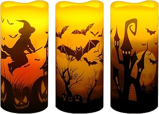 Halloween Flameless Flickering Candles, Battery Operated Flameless LED Candles, Real Wax LED Pillar Candles Lights with Witch, Bats, Castle Decal Halloween Decor Candles