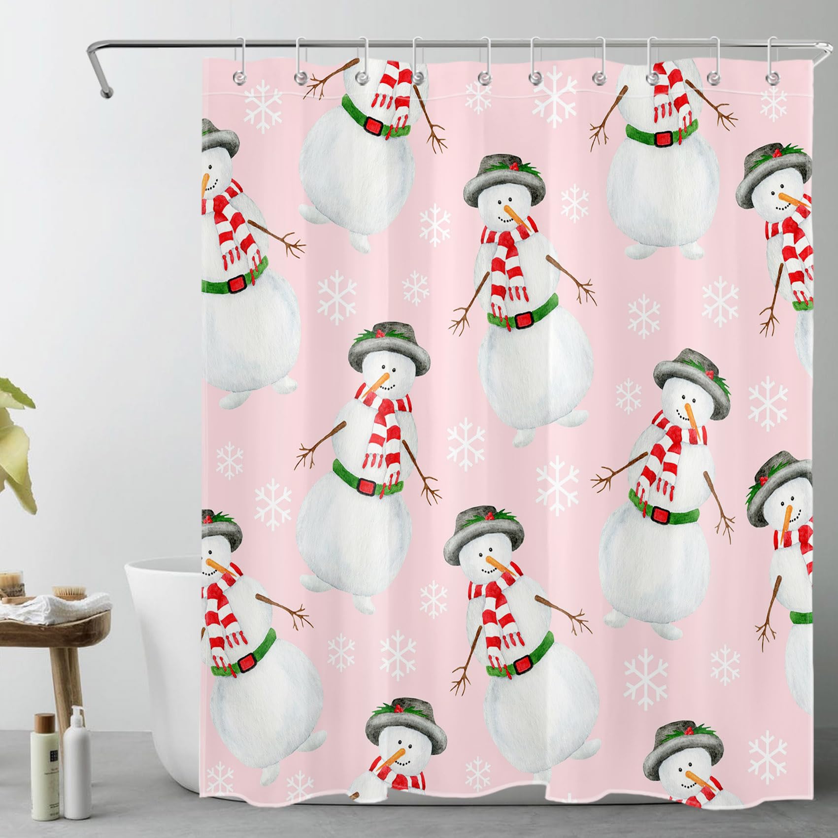 Cute Snowman Christmas Shower Curtain - Pink Holiday Ball & Snowflake Design, Waterproof Fabric, 72x60 Inches With Hooks