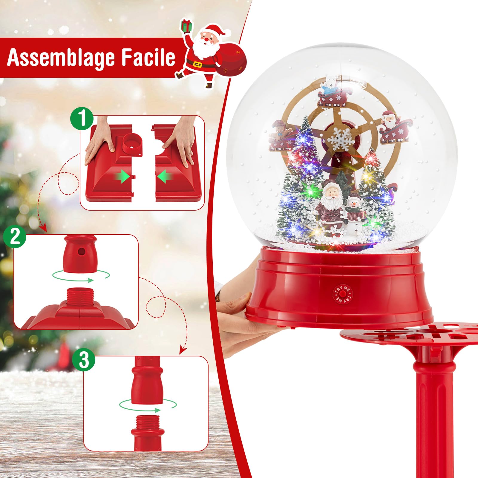 GOPLUS Lampadaire Noël 153 cm avec Lumières LED, Décoration Noel Exterieur Carrousel Rotatif avec 8 Chansons, Scène Festive, Lanterne Boule à Neige Noel, Interieur Exterieur (Grande Roue)