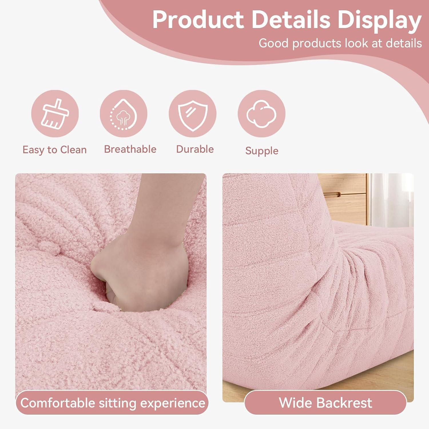 Bean Bag Chair with Ottoman, Comfy BeanBag Chairs for Adults,Giant Bean Bag Lounger with Memory Foam Filled,Teddy Lazy Sofa Reading Chair for Bedroom, Living Room,Dorm,Pink
