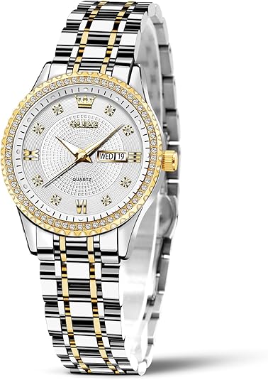 OLEVS Womens Watches Small Face Ladies Watches for Women with Day Date Diamond Silver Gold Two Tone Stainless Steel Waterproof Analog Reloj para Mujer Classic Fashion Dress Quartz Womens Wrist Watch