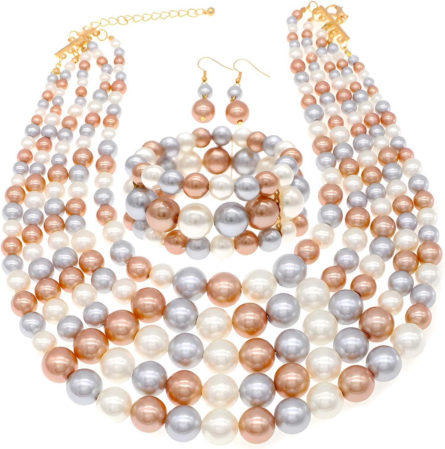 Faux Big Pearl Srand Necklaces for Women 5 Layers Pearls Choker Bib Collar Necklace Bracelet and Earrings set 1920s Costume Pearl Jewelry Bridal Wedding