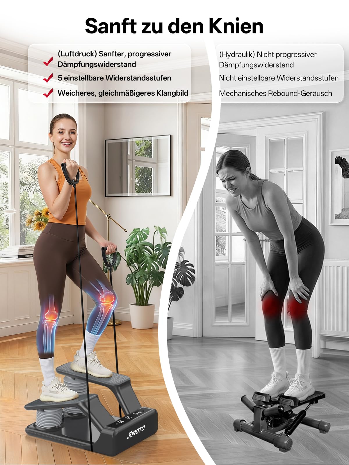 JOROTO Air Resistance Stepper für Zuhause, Mini Stepper mit 5-stufig Einstellbarer Intensität + Bändern, 300 LBS/136 KG, leise, LED-Display, für Wohnung & Home Gym