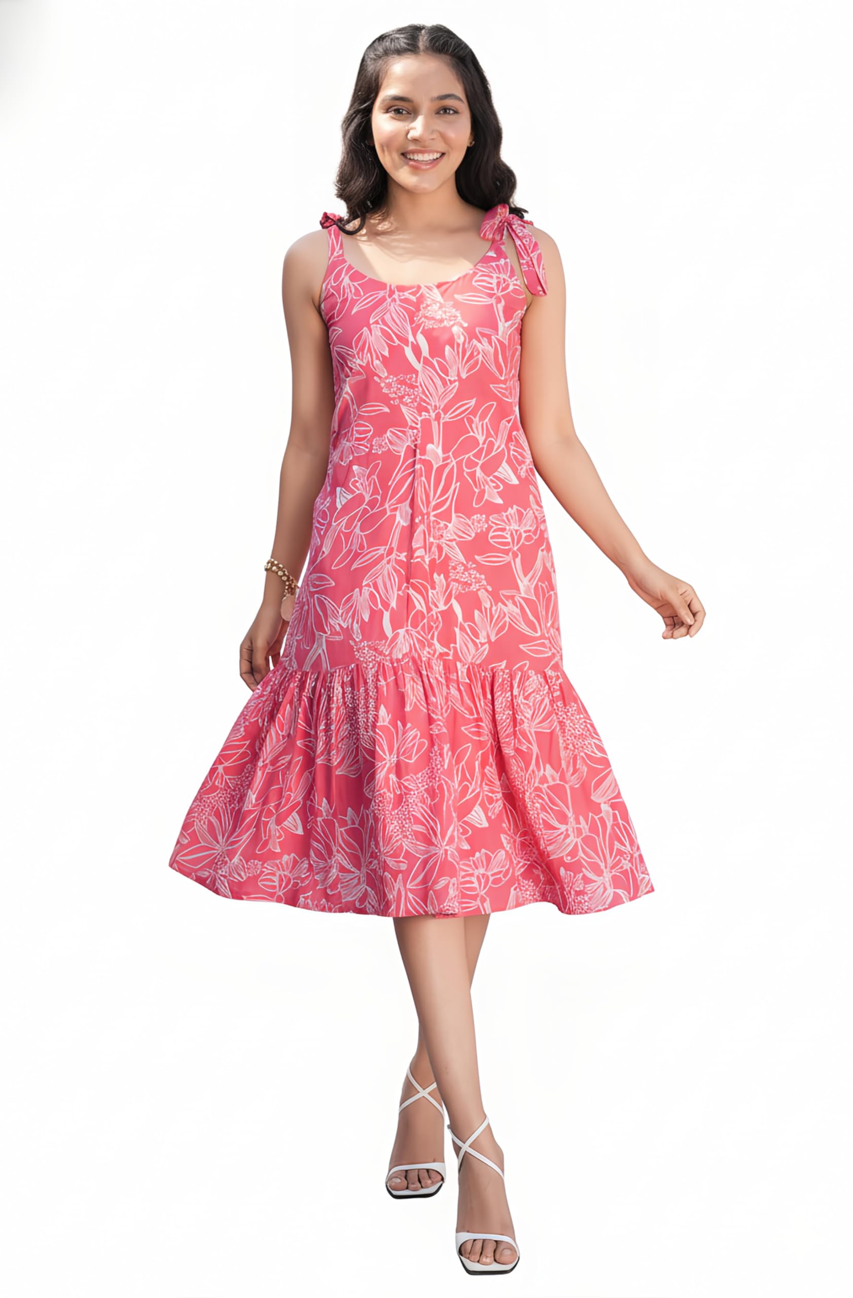 Jack & Jones Womenâ€™s Pink Pure Cotton Floral Printed A-line Dress in pink