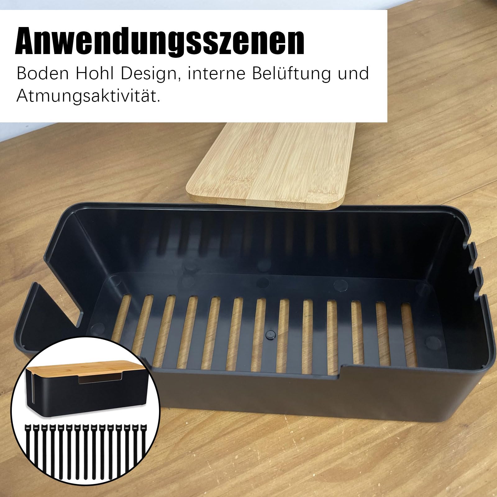 Pudełko na kable, organizer na kable z drewnianą pokrywą, 30 x 13 x 10 cm, z tworzywa sztucznego, z opaskami kablowymi i uchwytem na kable, pudełko na gniazdko elektryczne, na przedłużacz, paski
