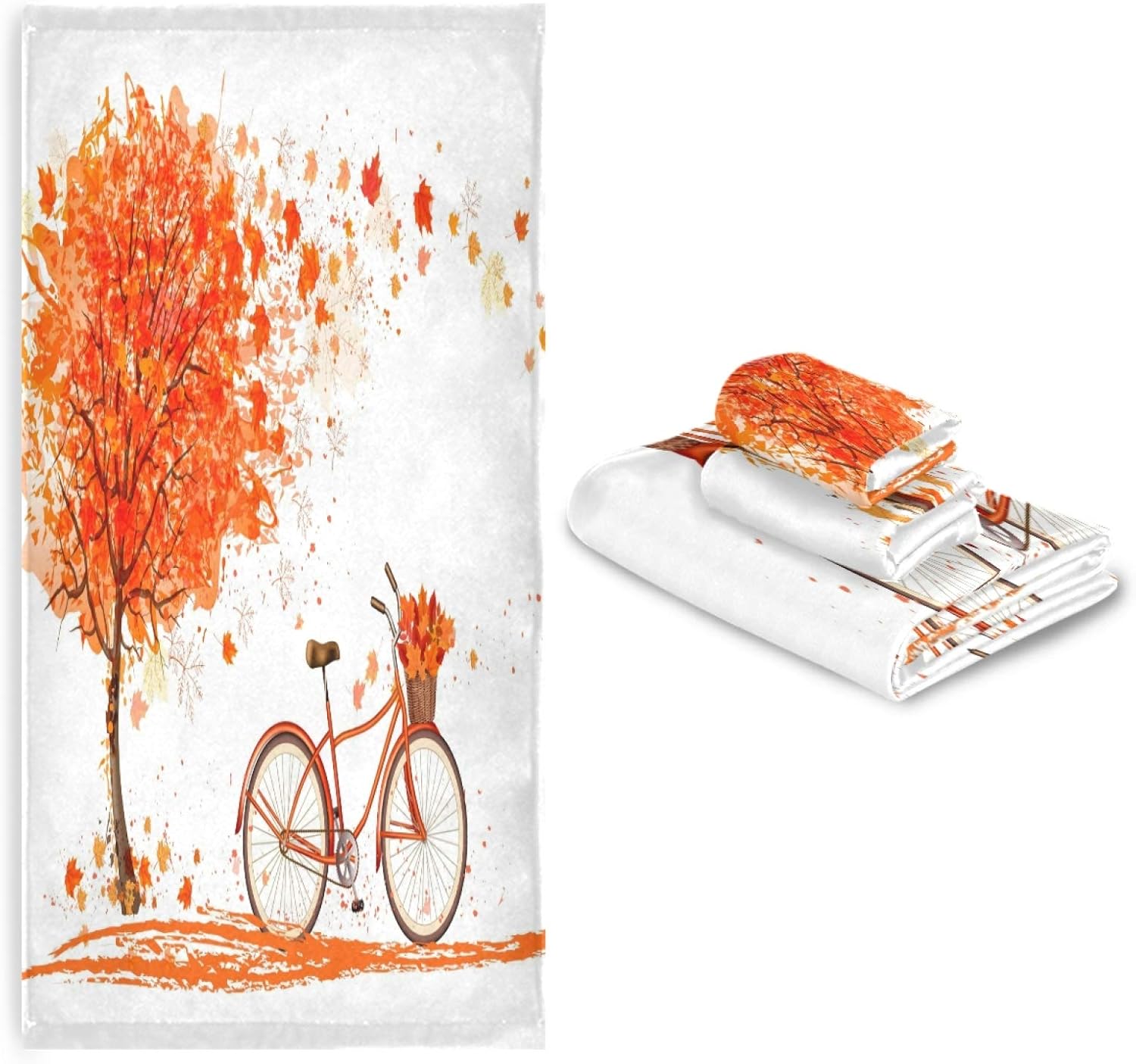 Towel Bathroom Sets, Autumn Fall Trees and Bicycle Towels 3-Piece 1 Bath Towel 1 Washcloth 1 Hand Towel, Thanksgiving Leaves Bath Towel Set of 3 Soft Multifuntion for Home Kitchen Hotel Gym Swim Spa
