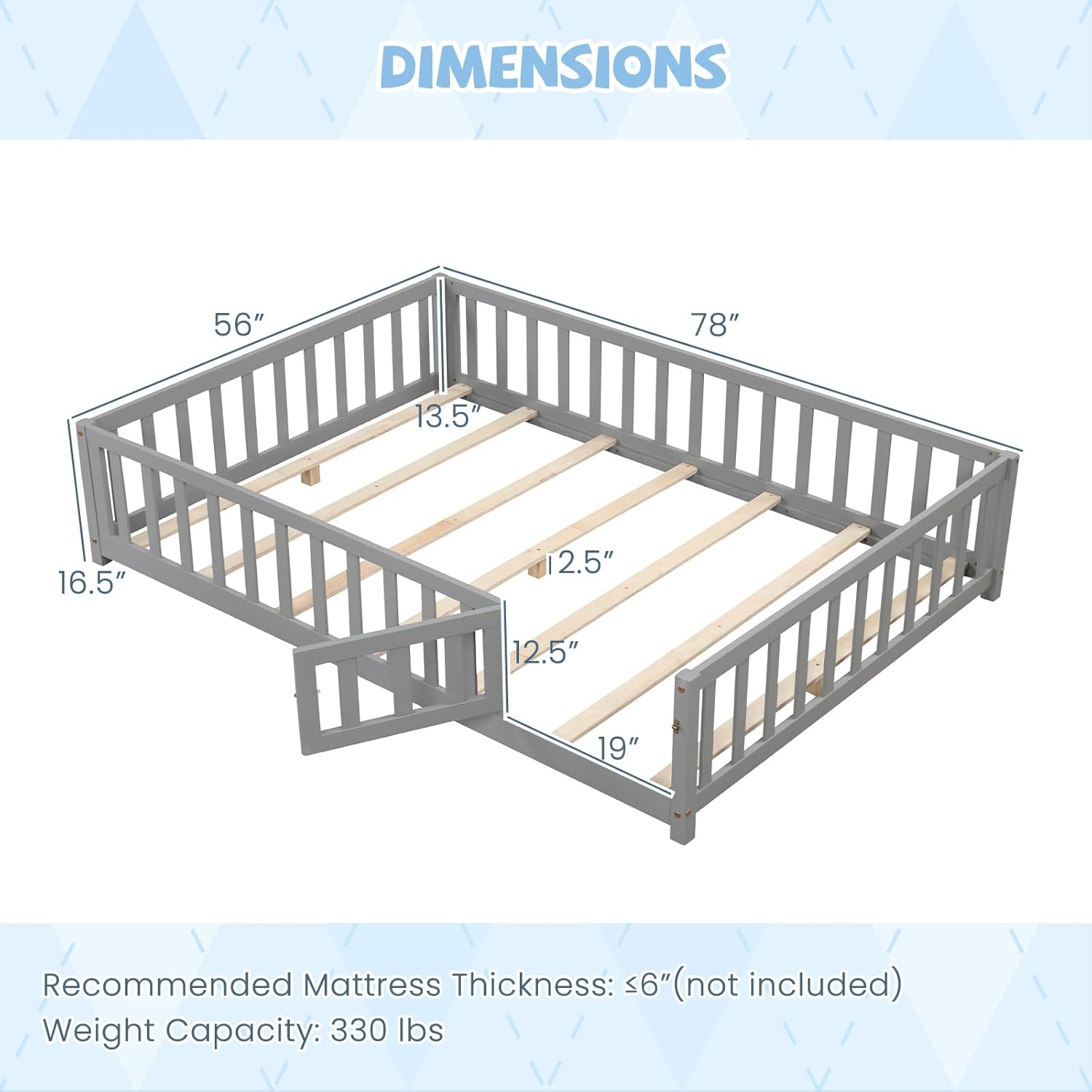 Giantex Full Size Floor Bed for Kids, Low Montessori Bed with Wood Slats & Safety Guardrails, Solid Wood Full Floor Beds with Fence and Door for Kids Boys Girls, Grey