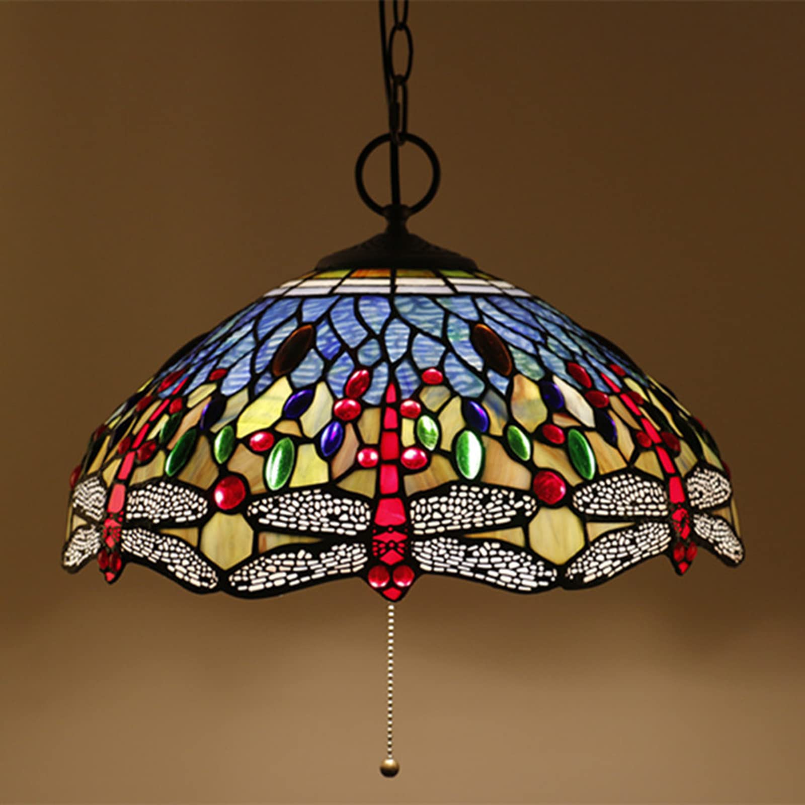 YNIYUJKL Tiffany-Style Dragonfly Chandeliers,16 Inch Vintage Stained Glass Pendant Light, Adjustable E27 Ceiling Light For Living Room Bedroom Dining Room,C