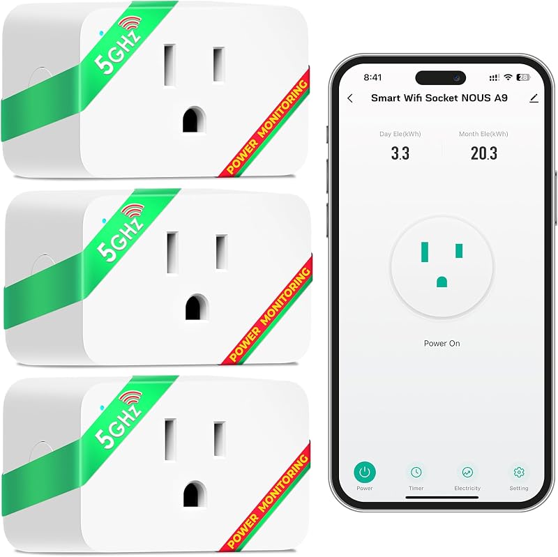 Wi-Fi Smart Plug 15A, Dual-Band 2.4GHz & 5GHz, Energy Monitoring, Compatible with Alexa, Google Home, Tuya App, Remote Control, Timer, Compact Design, Smart Outlet, 3 Pack
