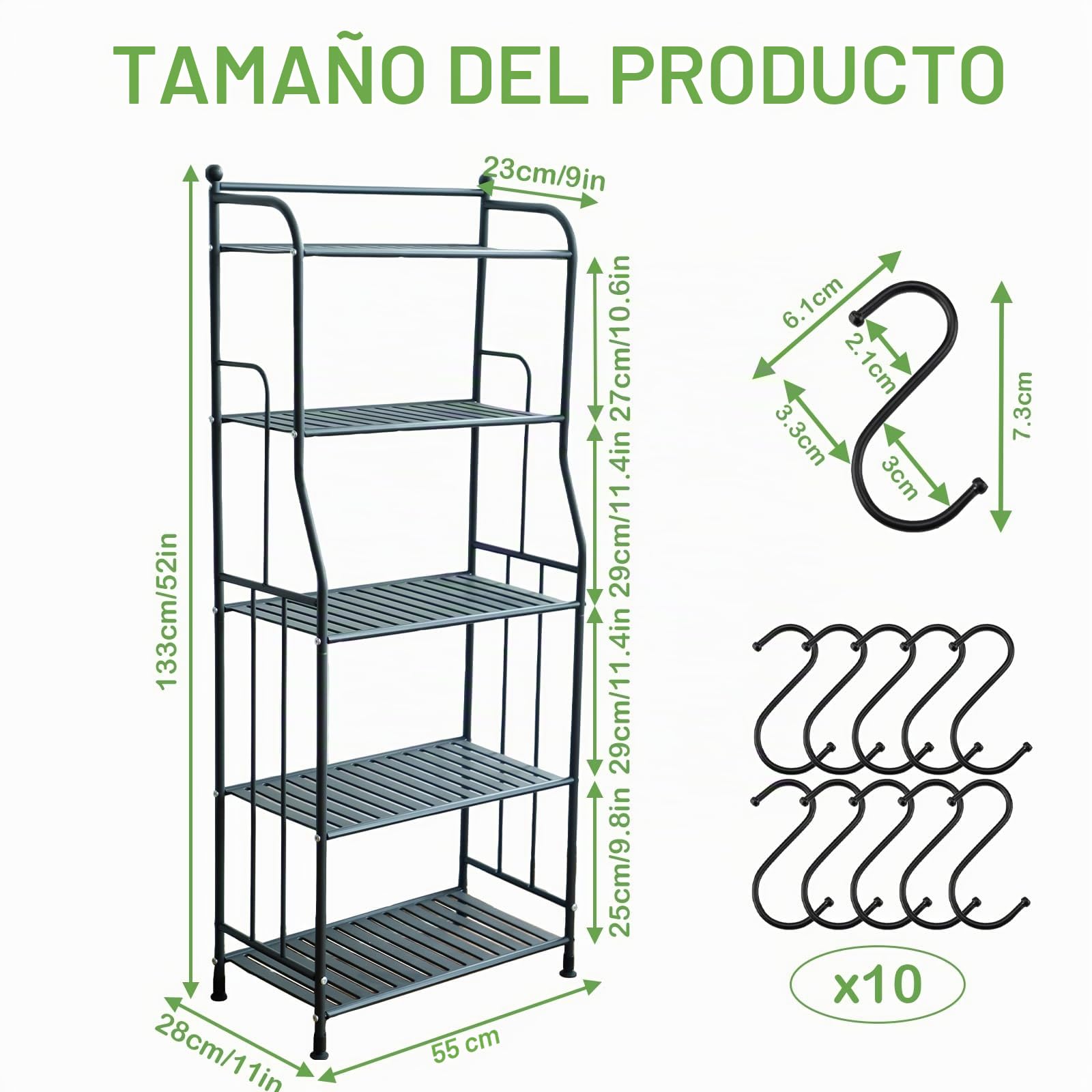 Estantería para Plantas de Metal 5 Niveles, Soporte para Macetas con 10 Ganchos, Negro Multifuncional Almacenamiento con Gran Capacidad para Interior y Exterior, Balcón, Jardín