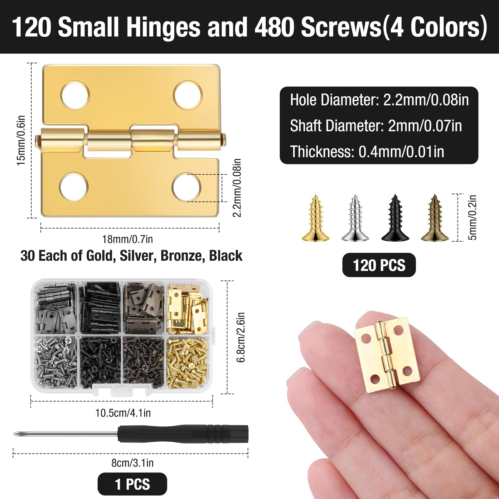 120 Pcs 1 inch Small Hinges,4 Colours Hinge for Wooden Boxes,Small Cabinet Hinges with 480 Screws and 1 Screwdriver,Door Hinges for DIY Crafts,Jewelry Box,Cabinet - Image 2