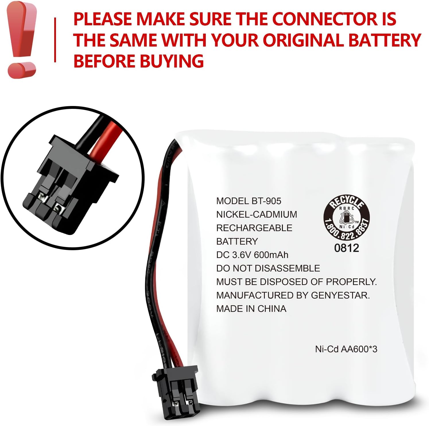 BT905 BT-800 Cordless Phone Rechargeable Battery Compatible with Uniden BT-905 BT800 BT-1006 BBTY0663001 BP-800 BP-905 P-P501 P-P508 3.6v 600mAh Ni-CD(2 Pack)