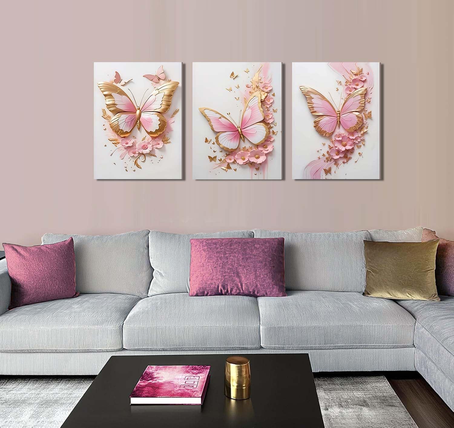 ACWOWO 2D Pink Butterfly Floral Wall Art 3-Piece Set Butterfly Poster Painting Pink Gold Floral Canvas Wall Decor for Girls' Bedrooms Bathrooms Offices Dorm Rooms 12 * 16 In （Canvas