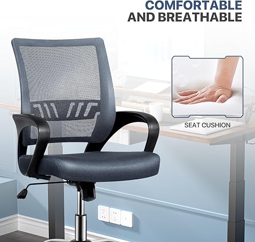 Miniatura 8 de MoNiBloom Silla de oficina en casa de malla, silla giratoria ergonómica con respaldo medio con soporte lumbar y reposabrazos, capacidad de 250