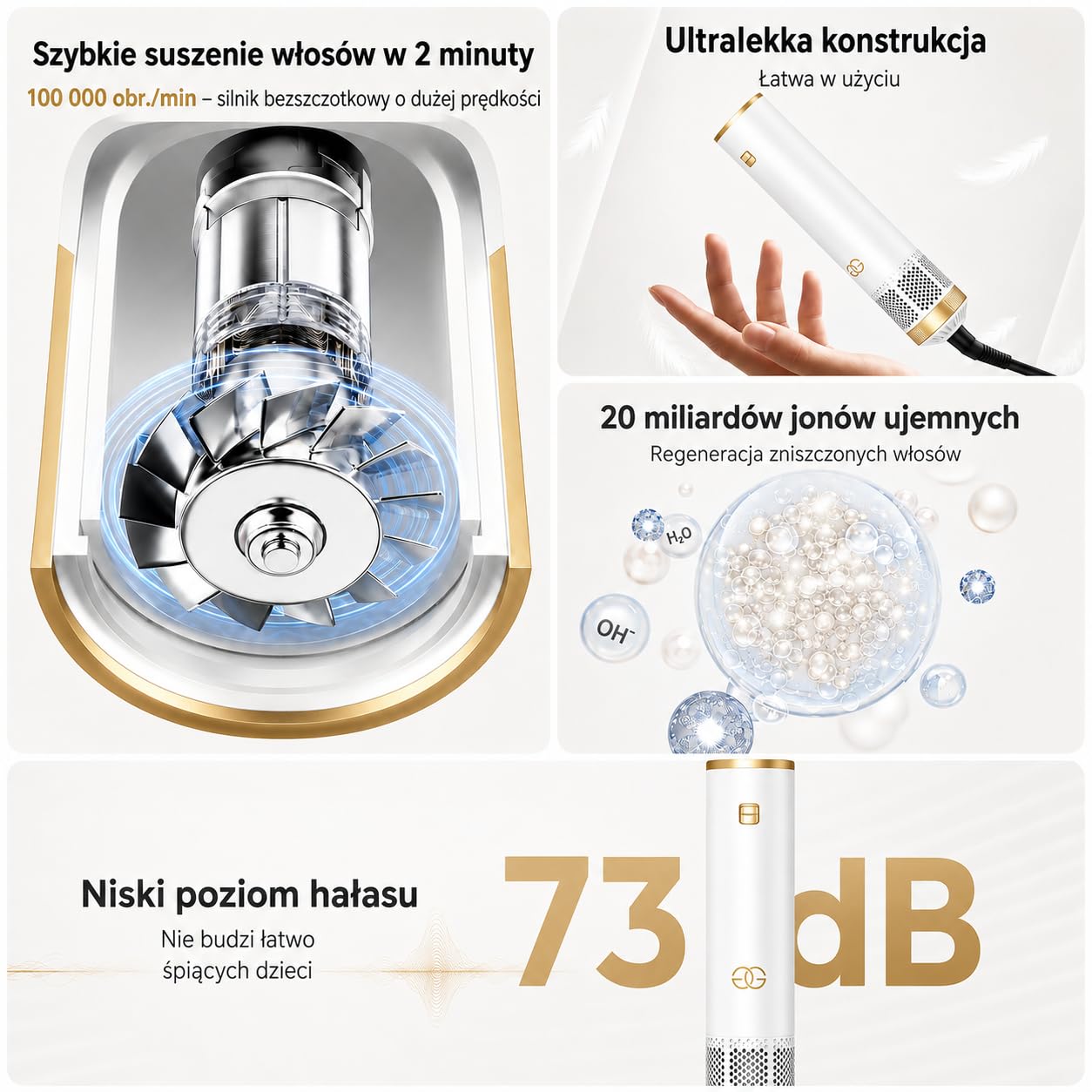 Golden Goods Airstyler Lokówka 5 w 1 - Szczotka do loków - Wielofunkcyjna suszarka do włosów z 5 nasadkami - Prostownica 1000 W - edycja biała/złota
