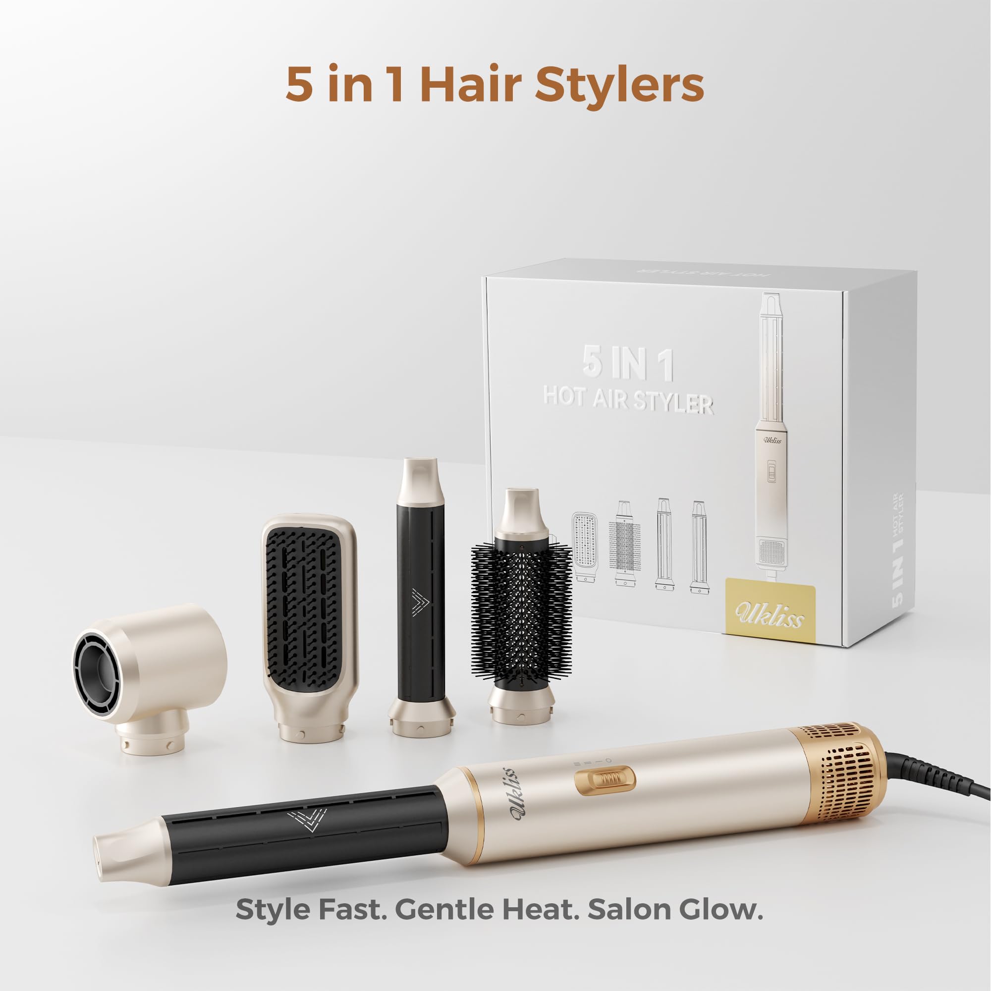 UKLISS 5 in 1 Hairstyler - Airstyler Pro Hair Styler Set 1000w Haarstyler | Rundföhnbürste zum Trocknen und Stylen mit Air Curler, Föhnbürste, Warmluftbürste, Haartrockner, Glättbürste - Silber Gold