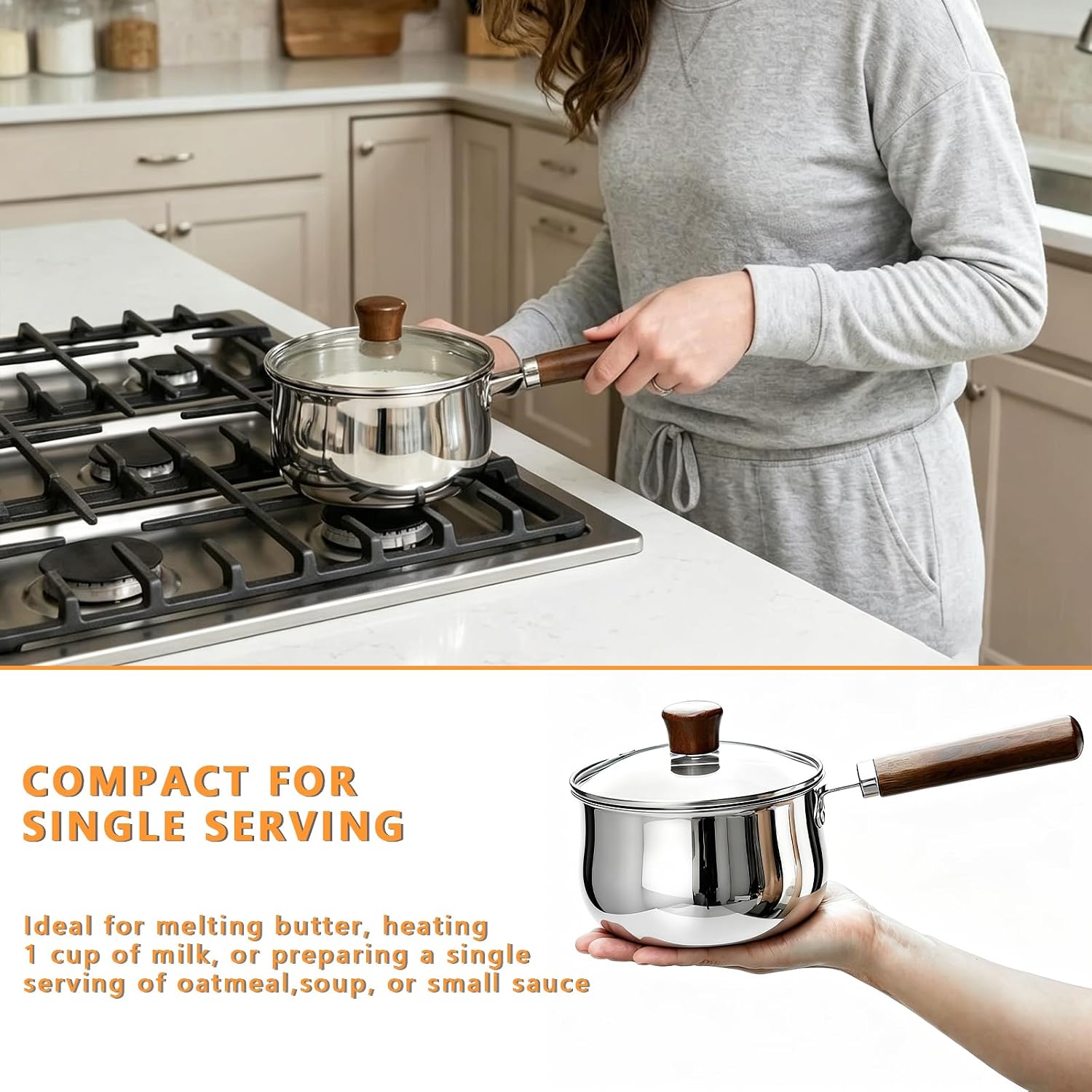 GREATLINK Small Sauce Pan with Lid and Wooden Handle for Cooking - 1 Quart Stainless Steel Saucepan with Pour Spout for Heating Milk, Melting Chocolate, Warming Sauces - Small Pot for All Cooktop