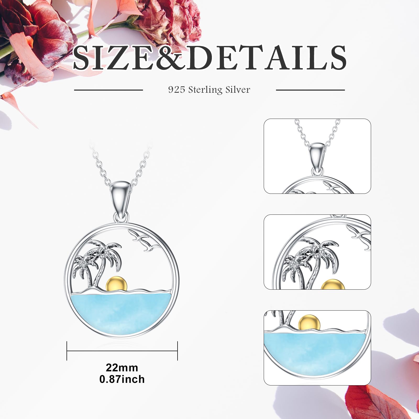 Palmen-Halskette für Frauen 925 Sterling Silber Ozeanwellen Anhänger, Halsketten mit natürlichem Larimar-Edelstein Schmuck Geschenk für Mama Frau
