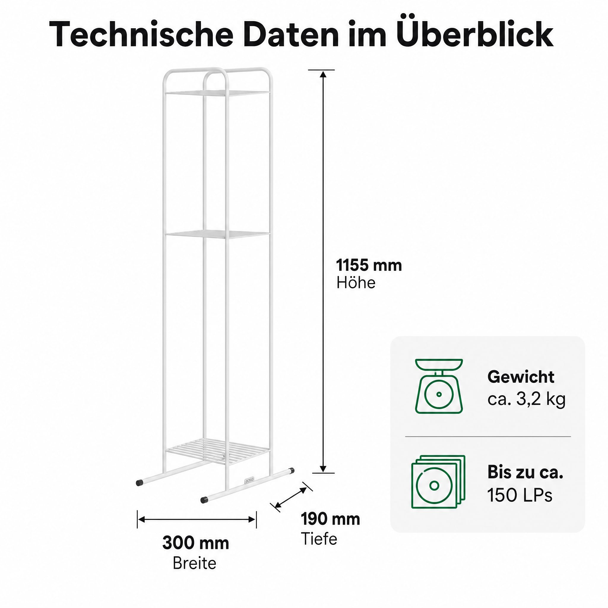 Zomo VS-Rack Vinya 150 Schallplattenständer – 300 x 190 x 1155 mm - Weiß - 3 Ebenen Vinylregal aus Stahl – Design LP Standregal für bis zu 150 Schallplatten