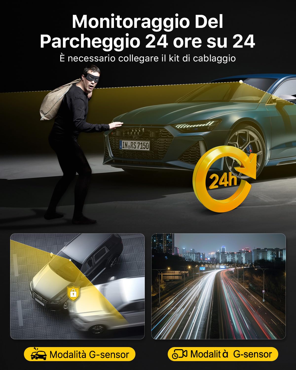 GKU dash cam auto 4K+1080P Fronte/Retro, dash cam con 5.8GHz WiFi e GPS, Touchscreen 3.18", Visione Notturna WDR, Monitor Parcheggio 24H, Sensore G, Loop Recording, Controllo App.