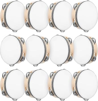 12pcs 6 Inch Tambourine for Adults Wooden Hand Held Drum with Metal Jingles, Mini Tambourines for Church Wedding Party Favor, Tambourine for Church Events and Celebrations