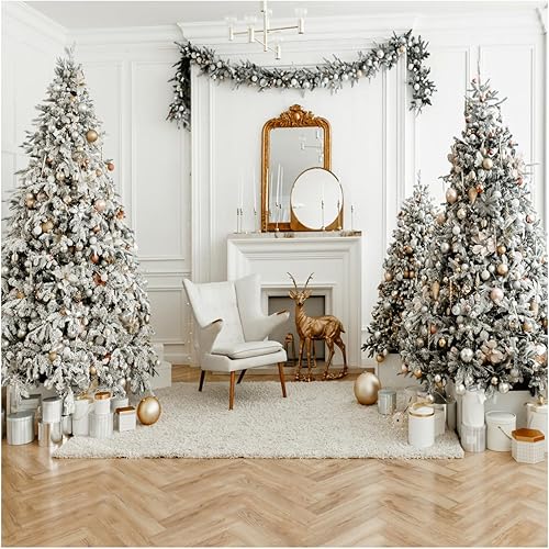 AIIKES Telón de fondo de fotografía de Navidad de 10 x 10 pies, telón de fondo de chimenea de Navidad, tema blanco para interiores, árbol de
