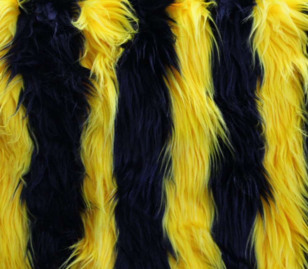 Faux Fake Fur Fabric Long Pile 2 Tone Shaggy Stripe Black Yellow / 60" Wide/Sold by The Yard