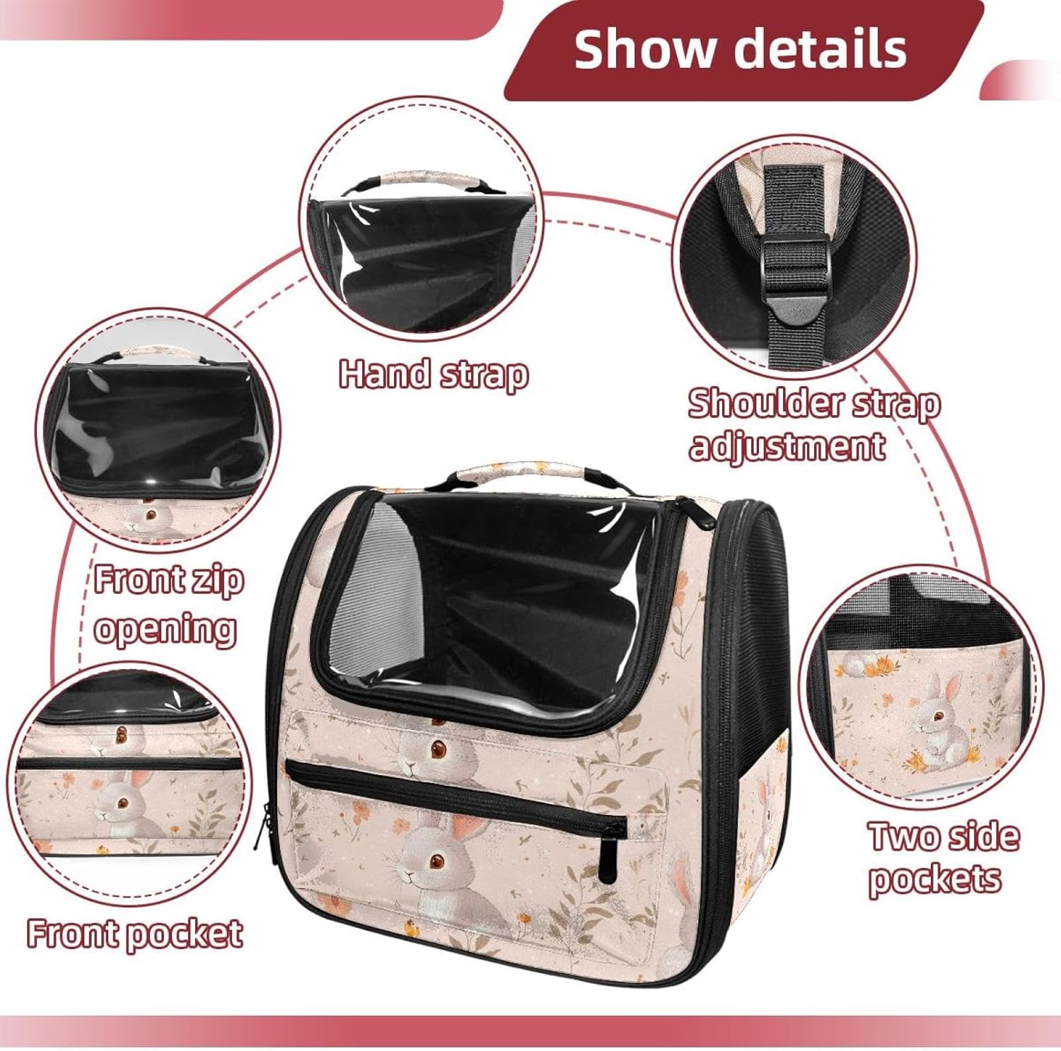 Bunny Rabbit Flower (5) Transparent Pet Carrier for Travel Hiking for Kitty Small Dog