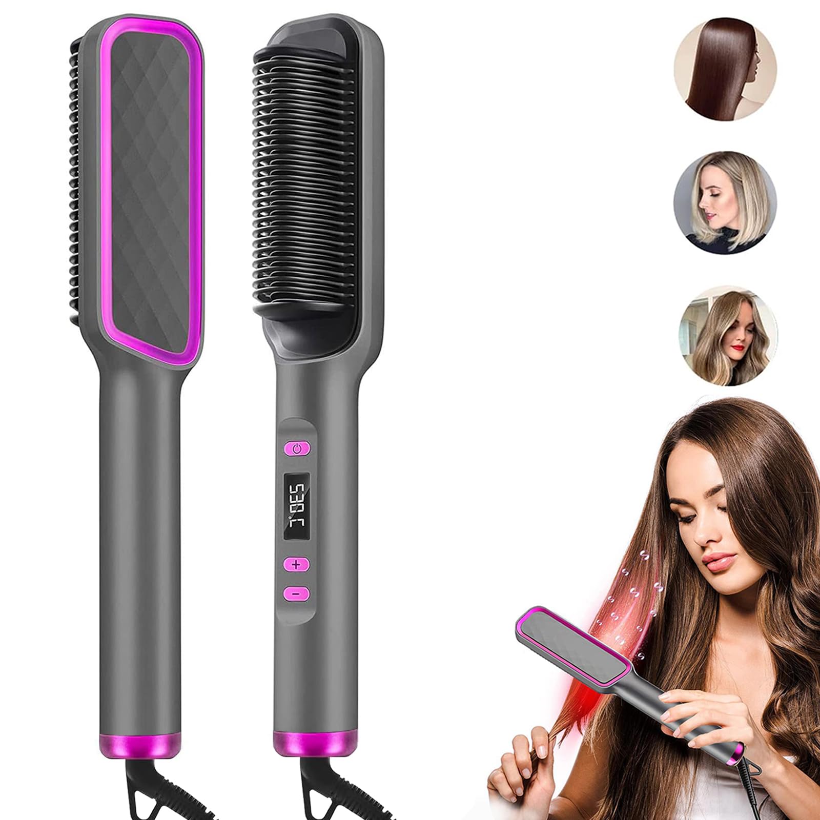 Yoawllty Hair Straightener Brush, 2 in 1 Hair Straightening Iron and Curler, Anti-Scald Straightening Comb Curling Iron for Girls Women All Hairstyles (Grey)