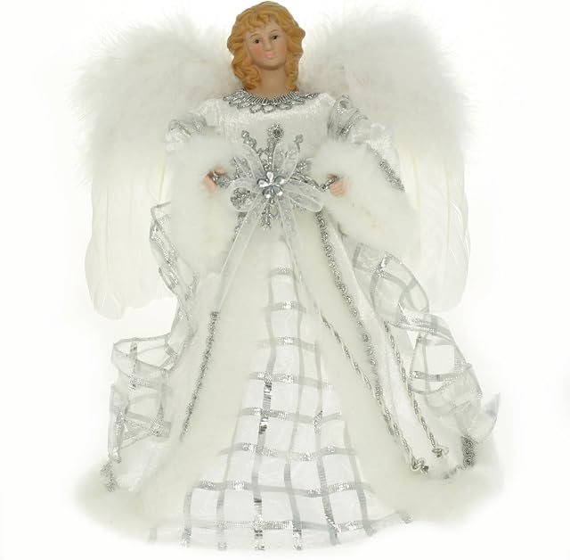 WeRChristmas Angel Decoration Christmas Tree Top Topper with Feather Wings, 25 cm - Silver/White
