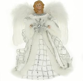 WeRChristmas Angel Decoration Christmas Tree Top Topper with Feather Wings, 25 cm - Silver/White
